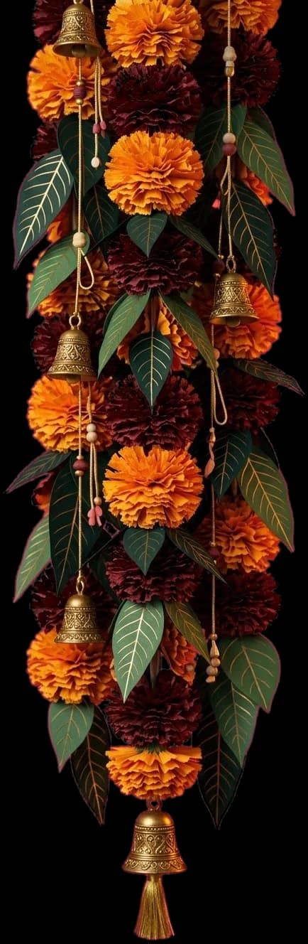 Traditional Diwali Floral Toran with Marigolds and Brass Bells