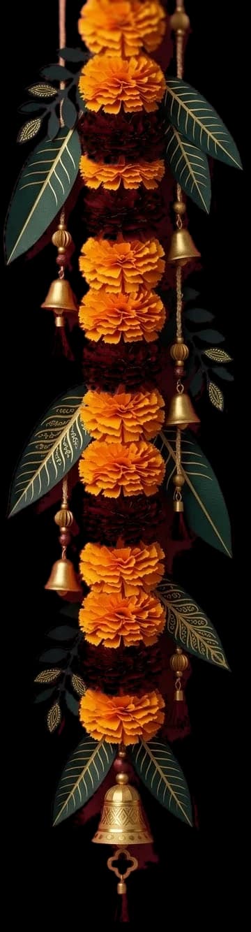 Traditional Diwali Floral Toran with Hanging Brass Bells